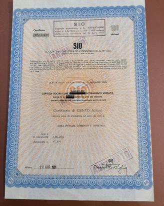 Azione SIO 100 - Certificato azionario antico