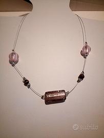 Collana ak749, vetro e foglia argento - Nuova