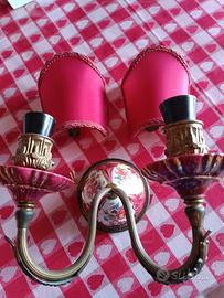 Applique Art Deco 2 luci in ottone e porcellana