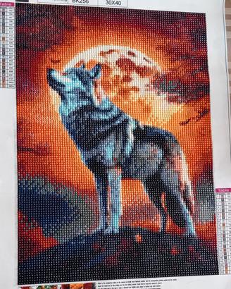 Quadro Lupo al Tramonto e Luna Piena