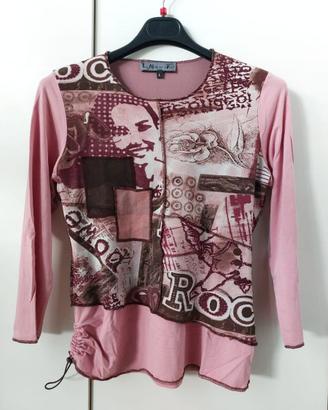 Top rosa blush con stampa e manica 3/4 tg 4