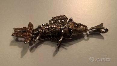 Antico Ciondolo Pesce Snodato Gioiello ARGENTO 925