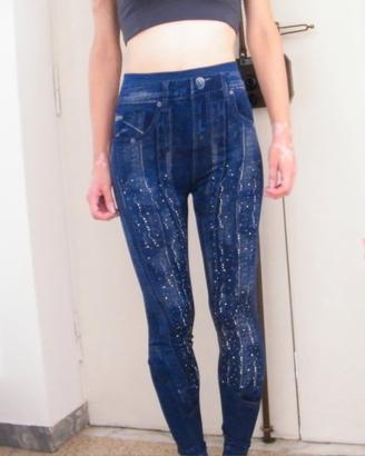 leggins effetto jeans felpati con strass