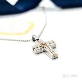 Collana uomo acciaio croce crocifisso argento oro