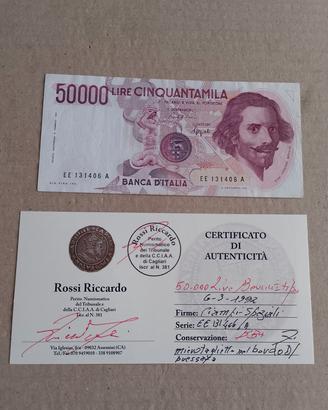 Banconota 50000 lire Bernini decreto raro. 