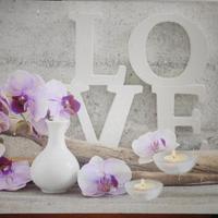 Stampa su legno - Orchidee in vaso, candele, LOVE