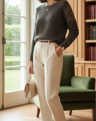 Maglione a maglia lana marrone lurex strass dorati