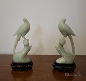 Coppia Statuine in Giada Verde Del XX Secolo