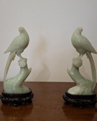 Coppia Statuine in Giada Verde Del XX Secolo