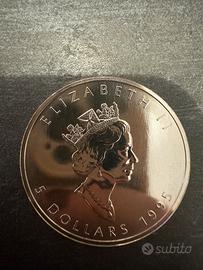 Moneta argento 5 dollari Foglia d’acero 1995