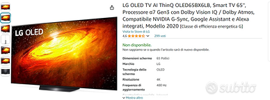 LG OLED TV BX Smart TV 65 pollici come nuovo