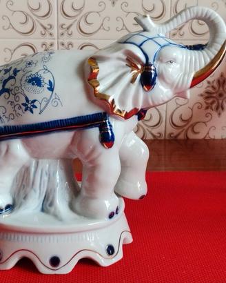 statua figurina elefante porcellana bianca blu oro