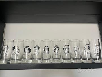 Set 10 bicchieri alti vintage decorati, in vetro