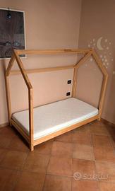 Materasso + Lettino Montessori a casetta in pino 