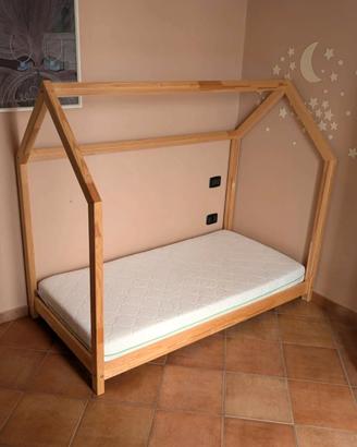 Materasso + Lettino Montessori a casetta in pino 