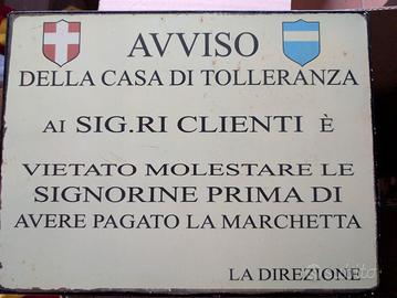 Cartello smaltato vintage "Casa Di Tolleranza" 