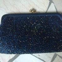 Pochette raso blu scuro vintage con strass