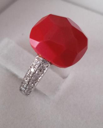 Anello in oro bianco 18k corallo e diamanti 