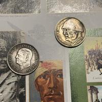 Coppia monete 20 e 100 lire Mussolini Dux e adesiv