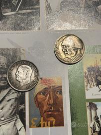 Coppia monete 20 e 100 lire Mussolini Dux e adesiv