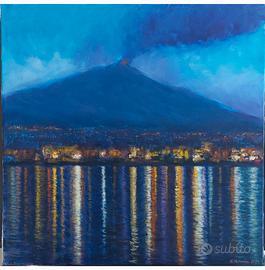 Quadro moderno olio su tela. Etna e mare