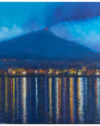 Quadro moderno olio su tela. Etna e mare