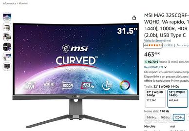 Monitor Gaming 32" MSI MAG 325CQRF-QD WQHD, 170Hz