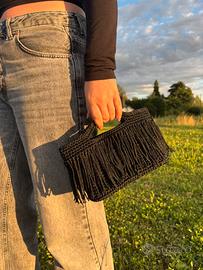 borsa in cordino thai nero con base in pelle