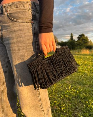borsa in cordino thai nero con base in pelle