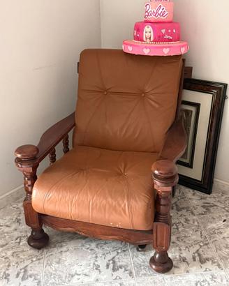 Divano letto + poltrone in legno massello e pelle