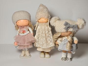 Set 3 Bambole Decorative in Ceramica e Stoffa