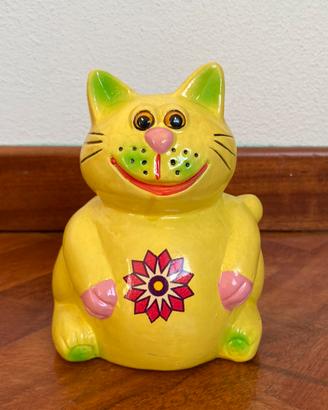 Gatto salvadanaio vintage in ceramica gialla.