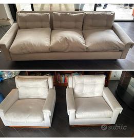 Set Divano e poltrone in legno e stoffa beige