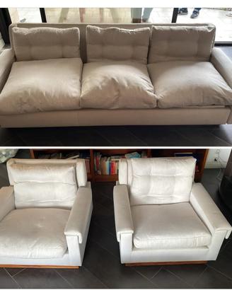 Set Divano e poltrone in legno e stoffa beige