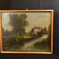 Antico dipinto olio su tela-Paesaggio con castello