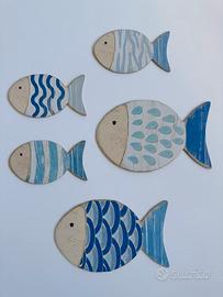 Set 5 Pesci Decorativi in Legno Blu Stile Mare Nau