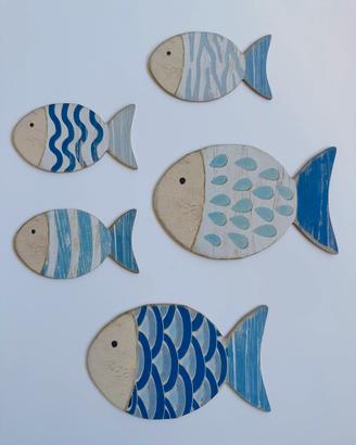 Set 5 Pesci Decorativi in Legno Blu Stile Mare Nau