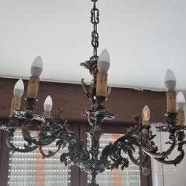 Lampadario  vintage  in bronzo/ottone a 8 luci