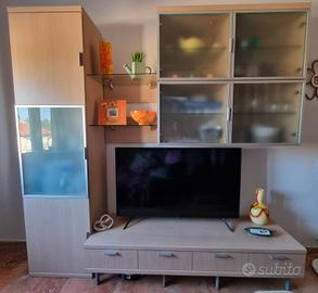 Parete soggiorno in legno, vetro e acciaio 