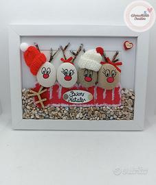 Quadretto handmade con sassi renne natalizie