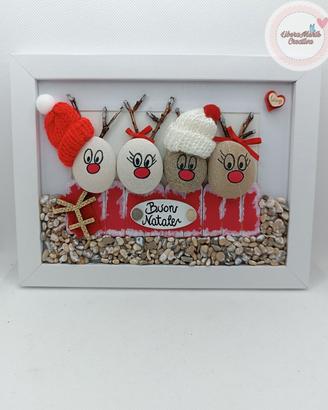 Quadretto handmade con sassi renne natalizie