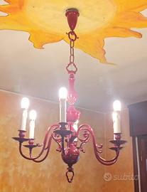 lampadario rosso ferro battuto + 6 lampadine rame