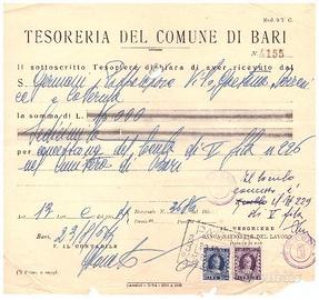 Ricevute della Tesoreria Comune di Bari 1954