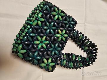 borsetta pochette in legno dipinto blu e verde