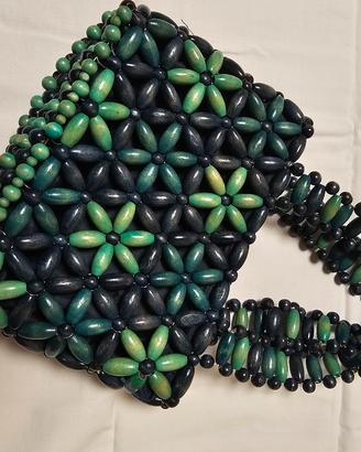 borsetta pochette in legno dipinto blu e verde