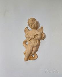 Scultura Angelo Musicante Legno Monoblocco Intagli