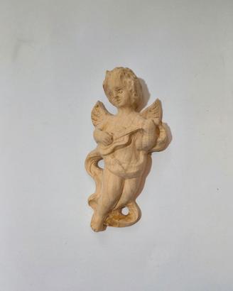 Scultura Angelo Musicante Legno Monoblocco Intagli