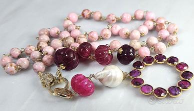 Collana sautoir: rubini, diaspro, perle naturali