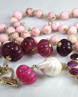 Collana sautoir: rubini, diaspro, perle naturali