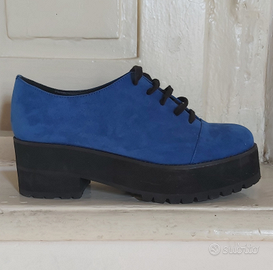 Scarpe derby platform blu zeppa scamosciate